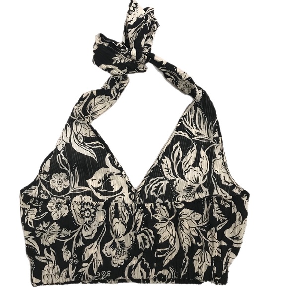 Zara Black & Ivory Halter Floral Crop Top - Picture 2 of 6